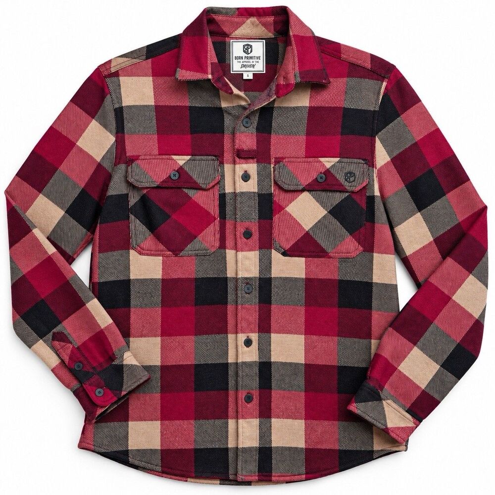 Born Primitive Woodsman Stretchy Flannel Red Tan Plaid GritFLEX Shirt Men's S